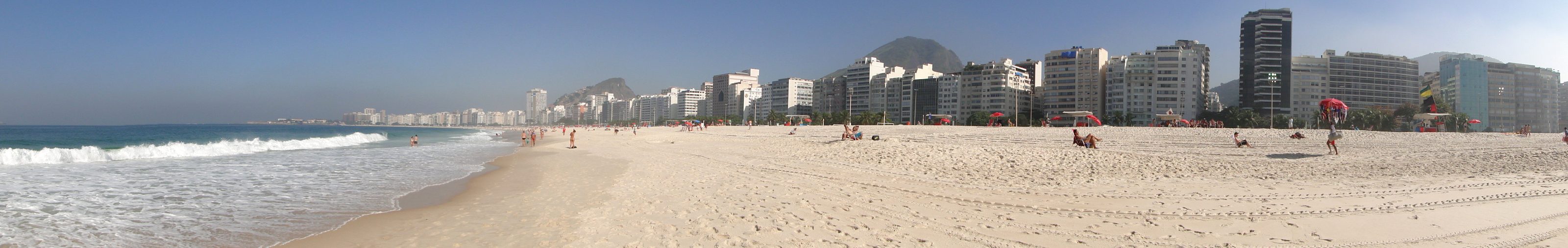 Copacabana, end to end — four kilometres of curve and Burle Marx's wave pavement.