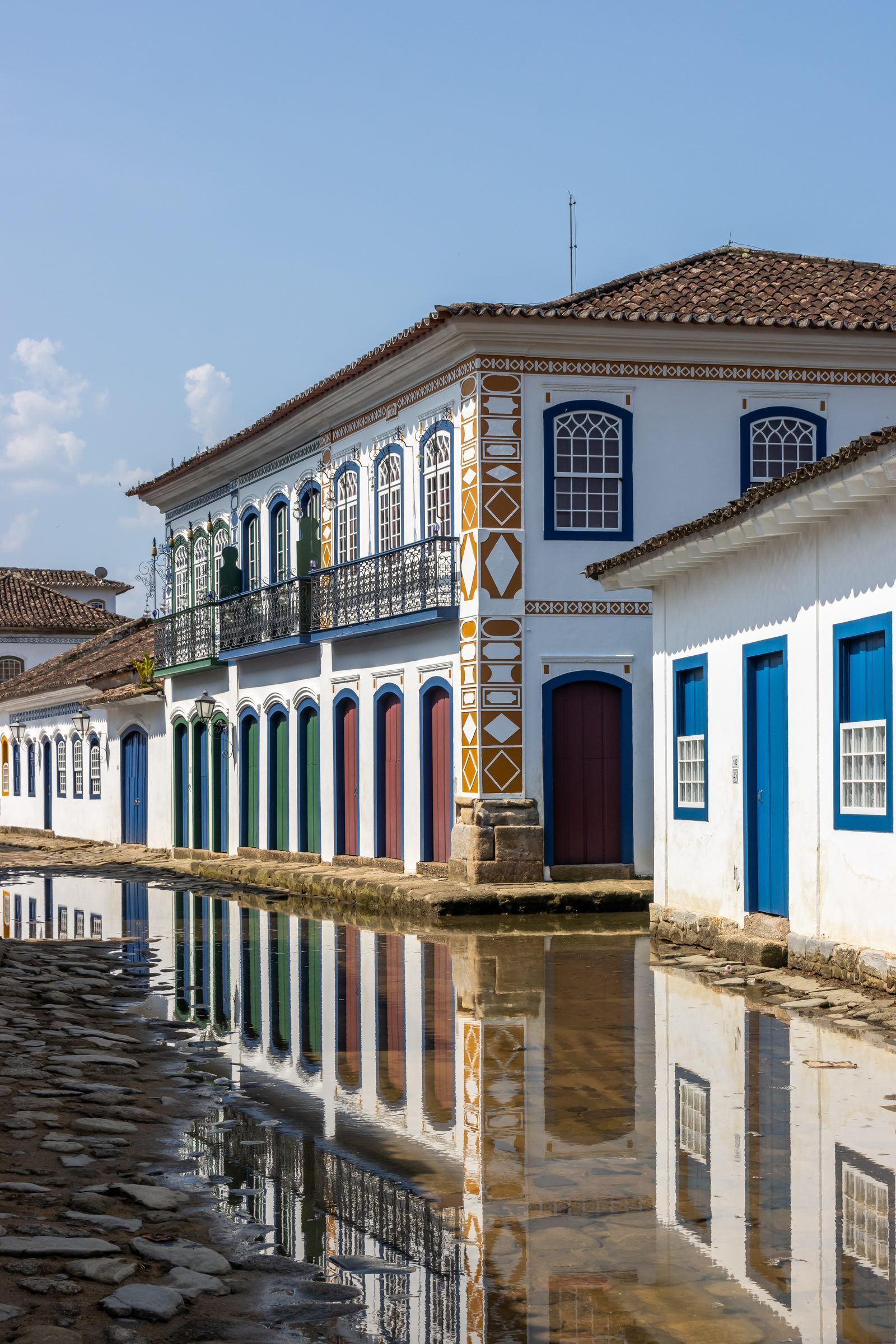 Paraty at high tide — the colonial grid flooding gently into the street.